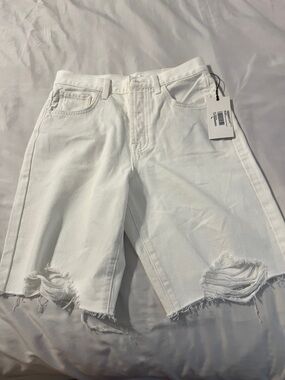 7 For All Mankind White Distressed Bermuda Shorts